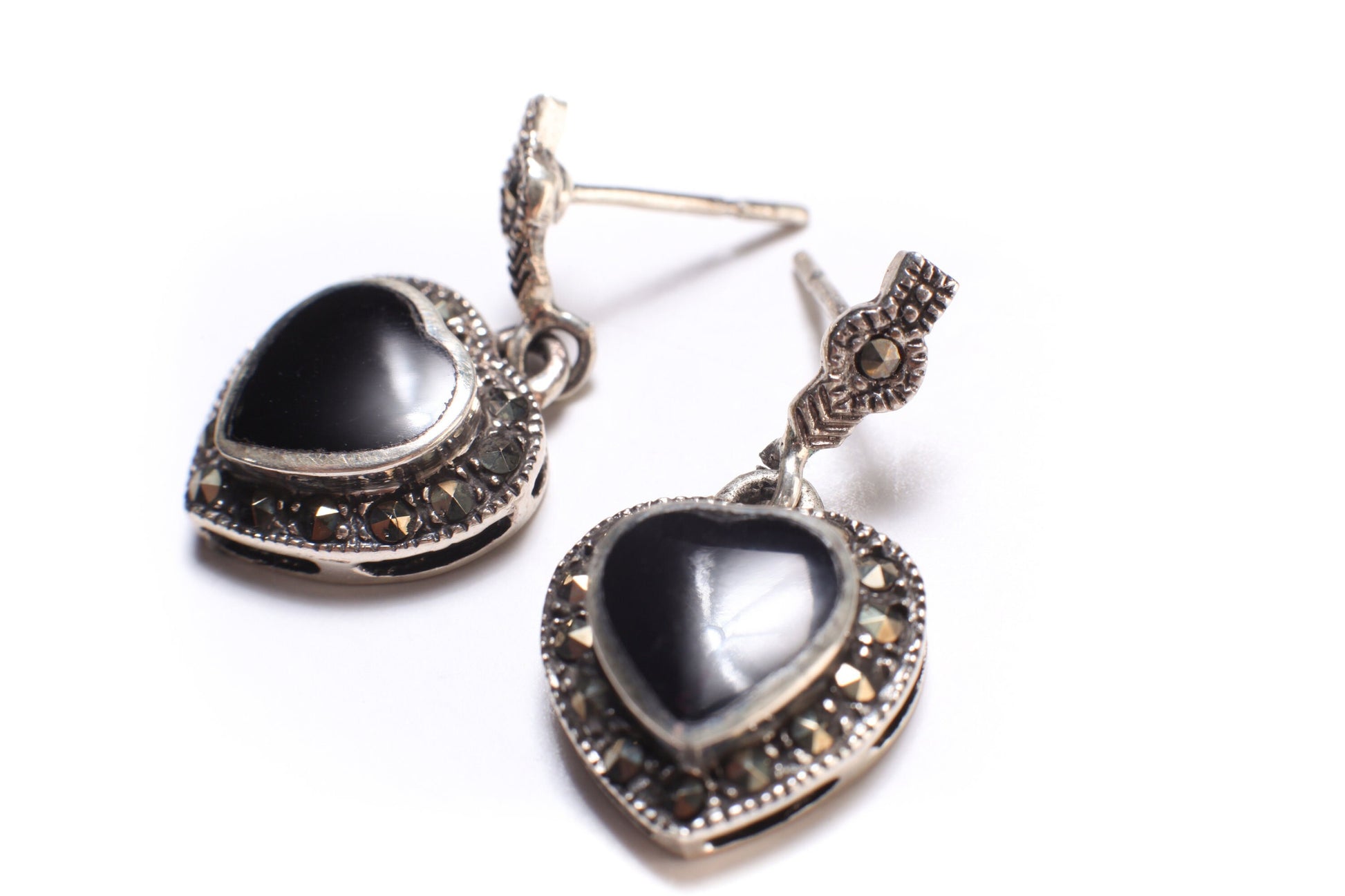 Marcasite 925 Sterling Silver Earrings Post with Dangle Black Onyx Heart Shape Vintage, Antique Marcasite Earrings Gift for her
