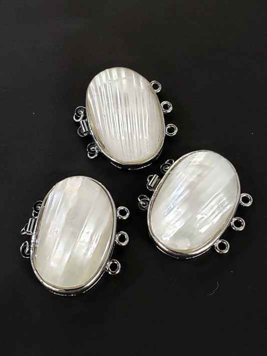 Mother of Pearl Clasp, White  Mother of Pearl 3 Loop Fancy Oval 25x35mm Large Clasp , Jewelry Making Rhodium 3 line Necklace Bracelet Clasp