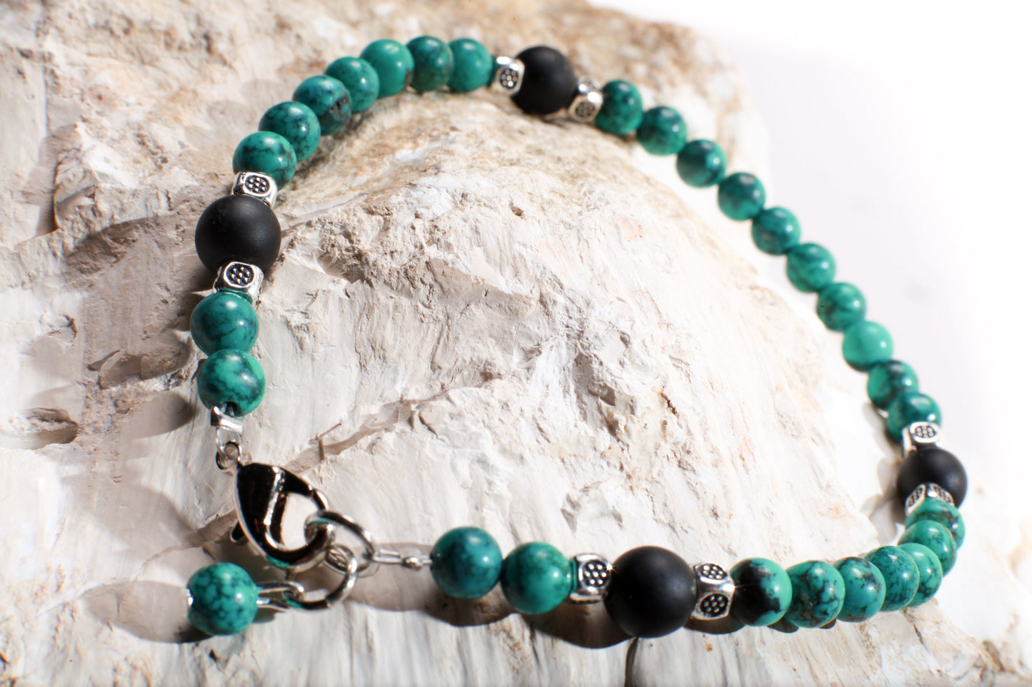 Natural Turquoise AAA Quality Spiderweb Matrix Bracelet Accented with Matte Black Onyx Beads  Available in 6", 6.5", 7", 7.5" and 8"