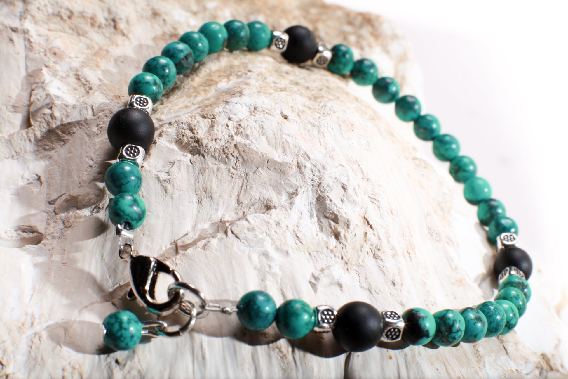 Natural Turquoise AAA Quality Spiderweb Matrix Bracelet Accented with Matte Black Onyx Beads  Available in 6", 6.5", 7", 7.5" and 8"
