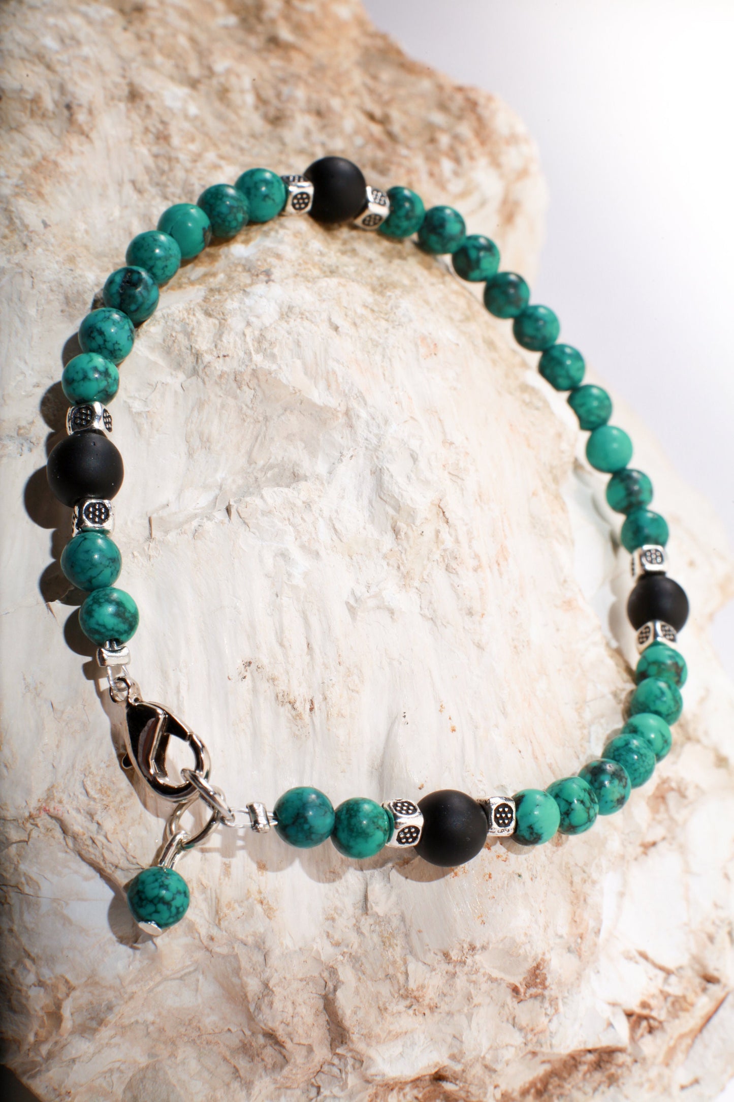 Natural Turquoise AAA Quality Spiderweb Matrix Bracelet Accented with Matte Black Onyx Beads  Available in 6", 6.5", 7", 7.5" and 8"