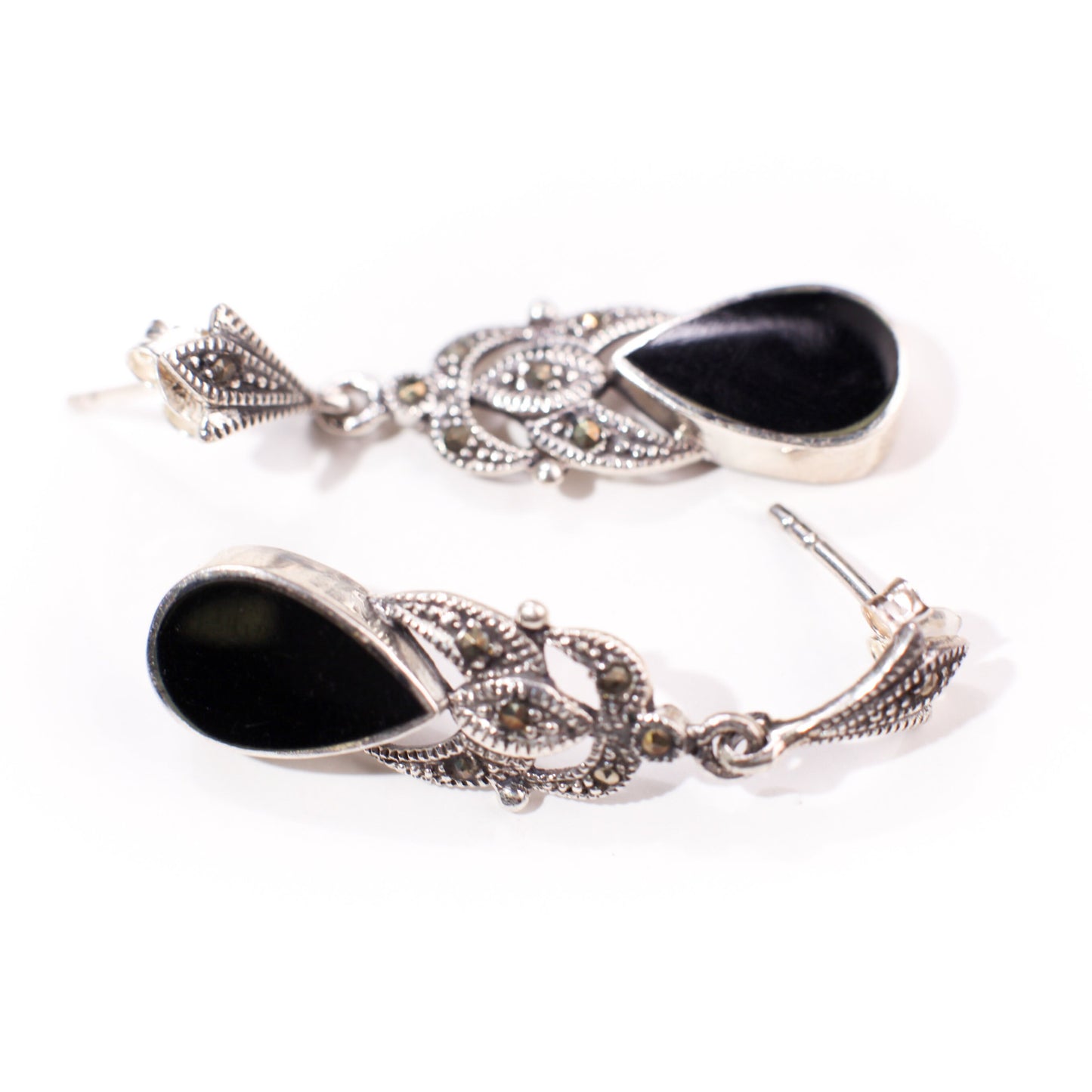 Marcasite 925 Sterling Silver Earrings Post with Teardrop Dangle Black Onyx, Vintage, Antique Marcasite Earrings Gift for her