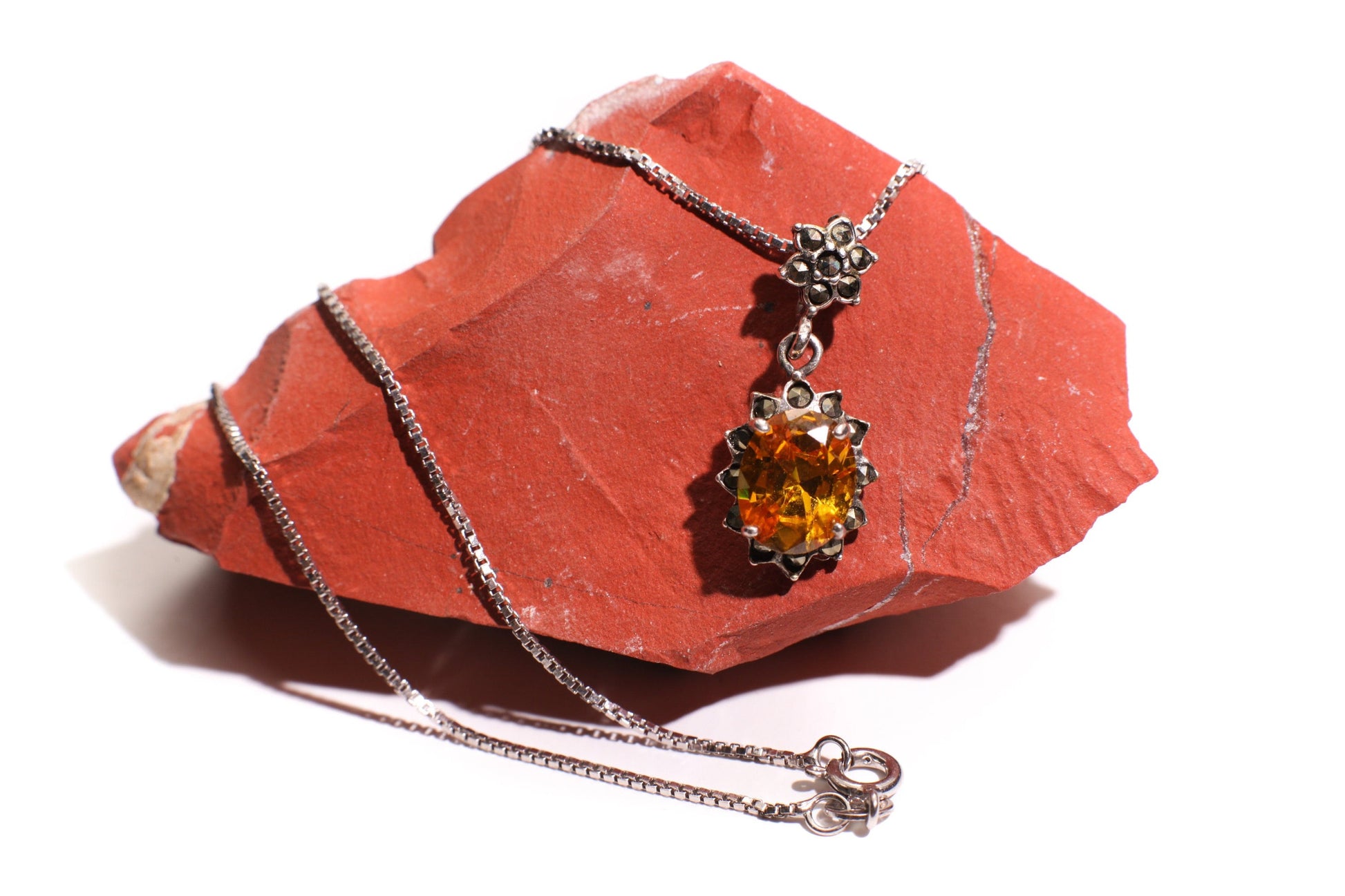 Genuine Citrine 925 Sterling Silver Marcasite Vintage, Antique Pendant With Matching 925 Sterling Silver Rhodium Box Chain 16",I8" Necklace,