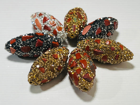 Red Jasper Rhinestone Pave Crystal in Black, Gold and Silver Bead, Center Drilled , 15x33mm Sparkly Bead, Bling Spacer, Focal bead