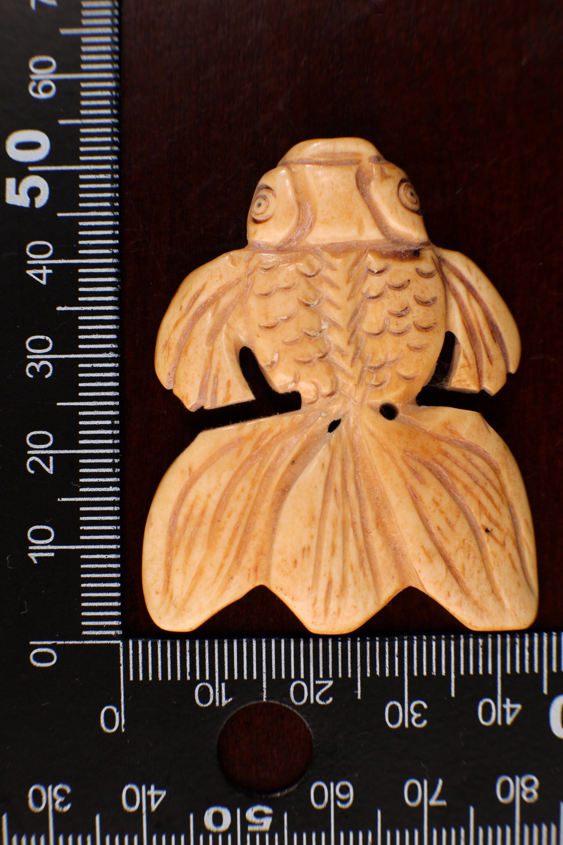 Carved Buffalo Bone Large Gold Fish, 52x42mm Hand Crafted Double Sided Animal Figurine Drilled Bead, Art Deco
