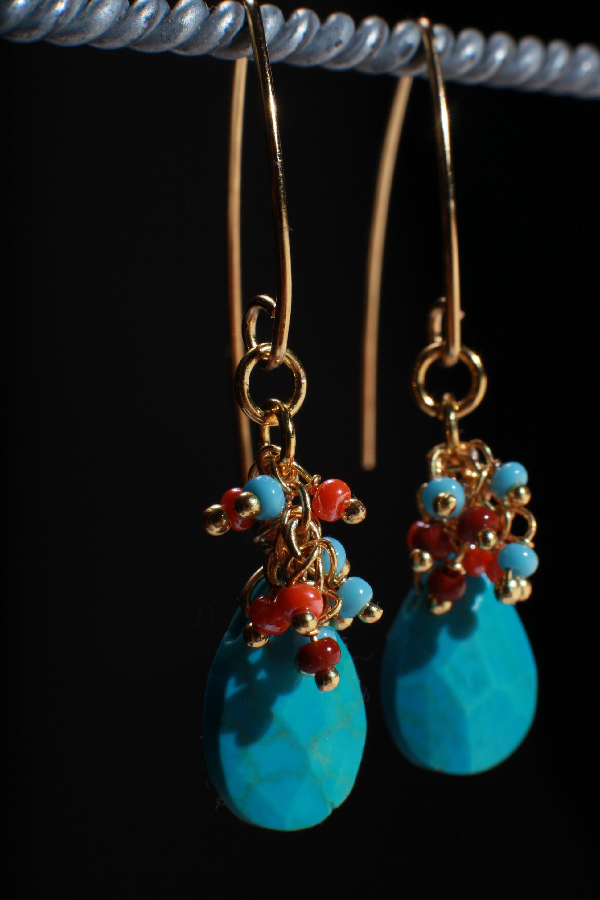 Natural Blue Turquoise Sleeping Beauty Teardrop with red  blue  beaded Clusters Earrings in Gold Ear Wire