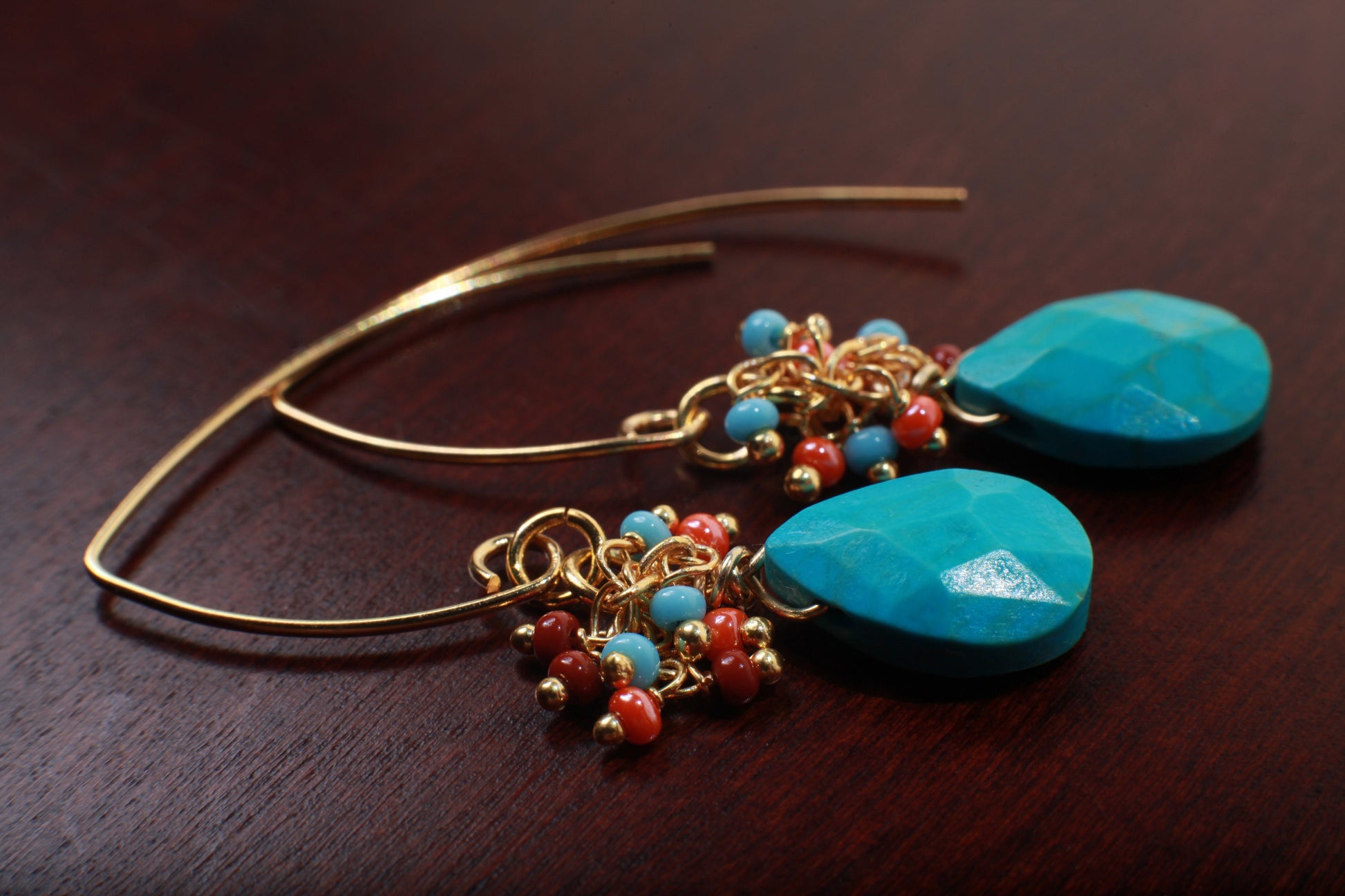 Natural Blue Turquoise Sleeping Beauty Teardrop with red  blue  beaded Clusters Earrings in Gold Ear Wire