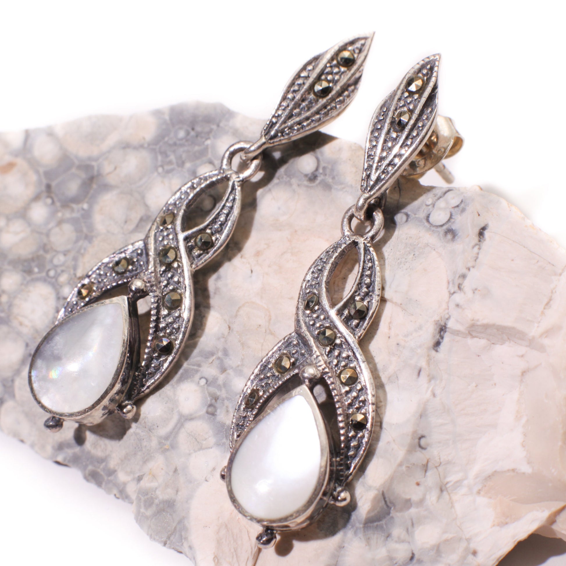 Marcasite 925 Sterling Silver Earrings Post with Dangle White Mother of Pearl, Vintage, Antique Marcasite Earrings 11x40mm Gift for her