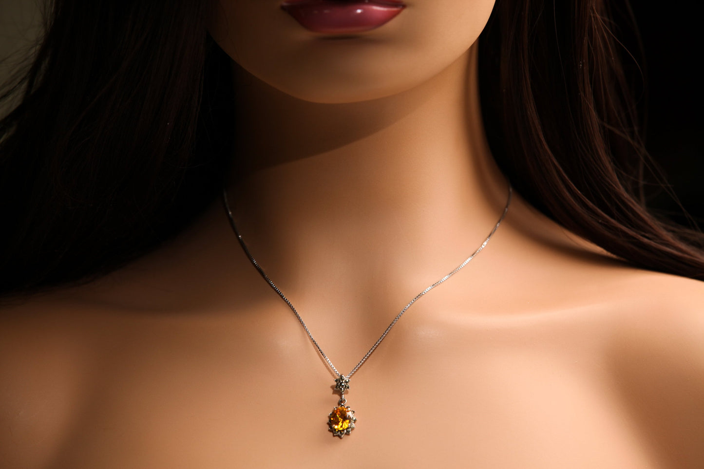 Genuine Citrine 925 Sterling Silver Marcasite Vintage, Antique Pendant With Matching 925 Sterling Silver Rhodium Box Chain 16",I8" Necklace,