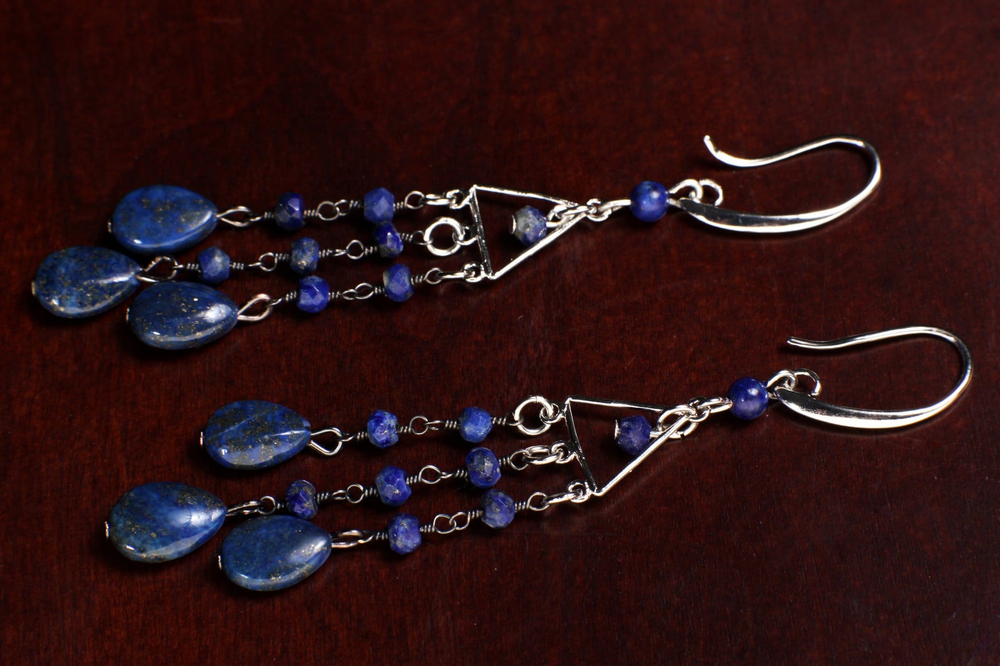 Lapis Lazuli Earrings, Natural Lapis Wire Wrapped Dangling Oval Accents Faceted Lapis Round Beads Rhodium silver Chandelier Ear Wire