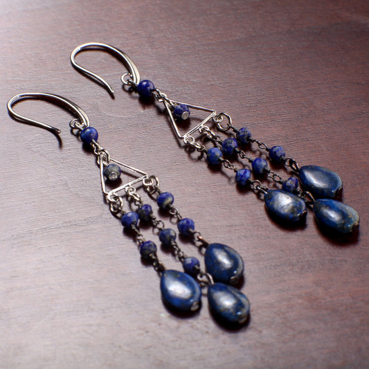 Lapis Lazuli Earrings, Natural Lapis Wire Wrapped Dangling Oval Accents Faceted Lapis Round Beads Rhodium silver Chandelier Ear Wire