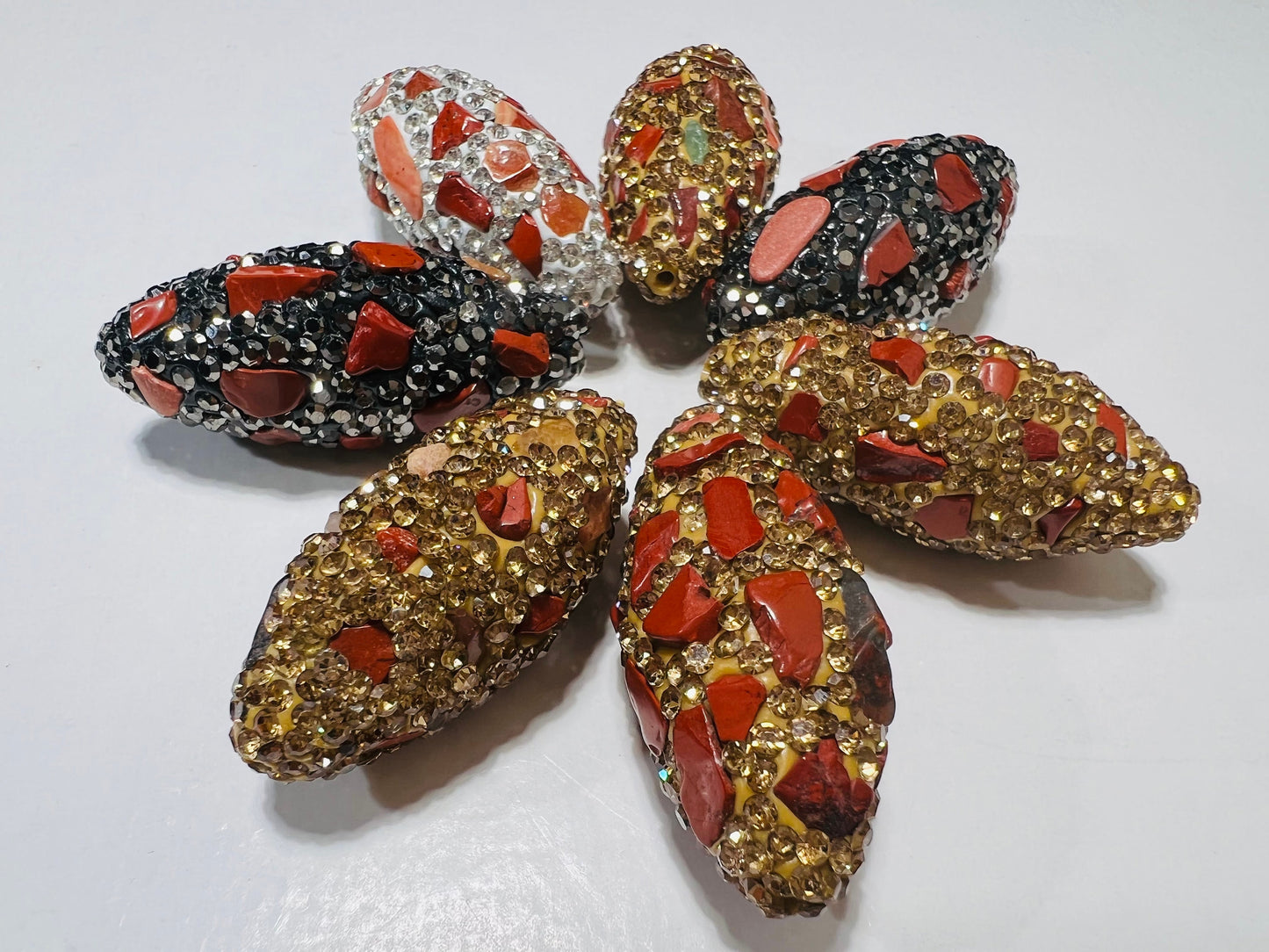 Red Jasper Rhinestone Pave Crystal in Black, Gold and Silver Bead, Center Drilled , 15x33mm Sparkly Bead, Bling Spacer, Focal bead