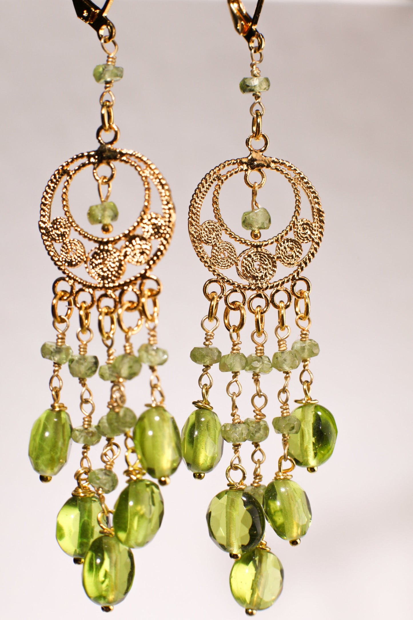 Peridot Wire Wrapped 3mm Rondelle Dangling with 8mm Peridot Quartz Coin, Gold Vermeil Chandelier earring.August Birthstone, Dreamcatcher
