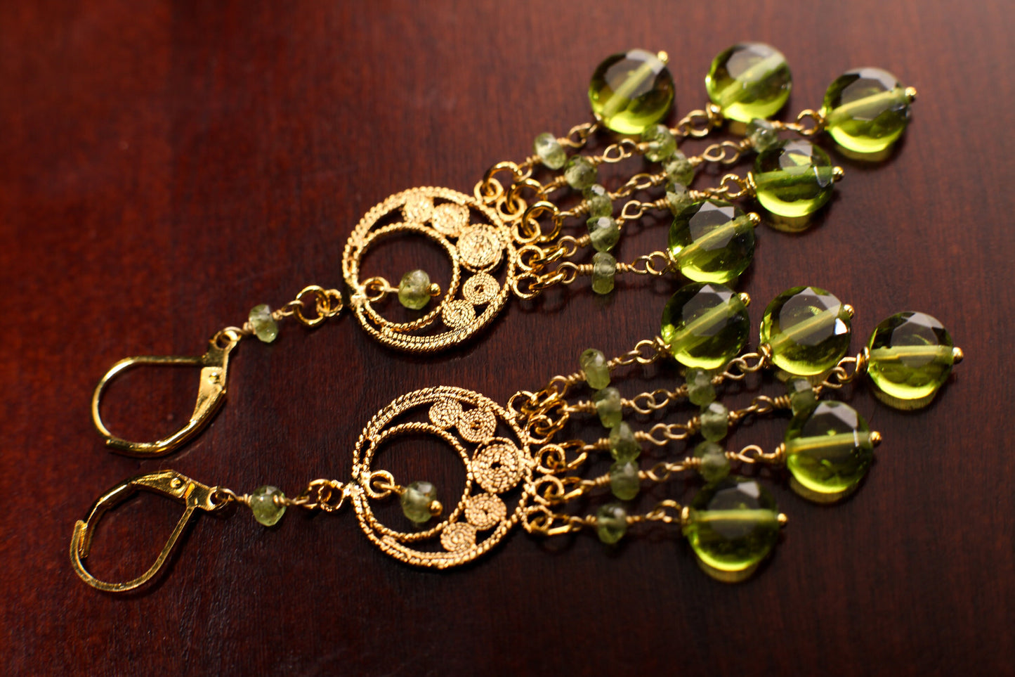 Peridot Wire Wrapped 3mm Rondelle Dangling with 8mm Peridot Quartz Coin, Gold Vermeil Chandelier earring.August Birthstone, Dreamcatcher