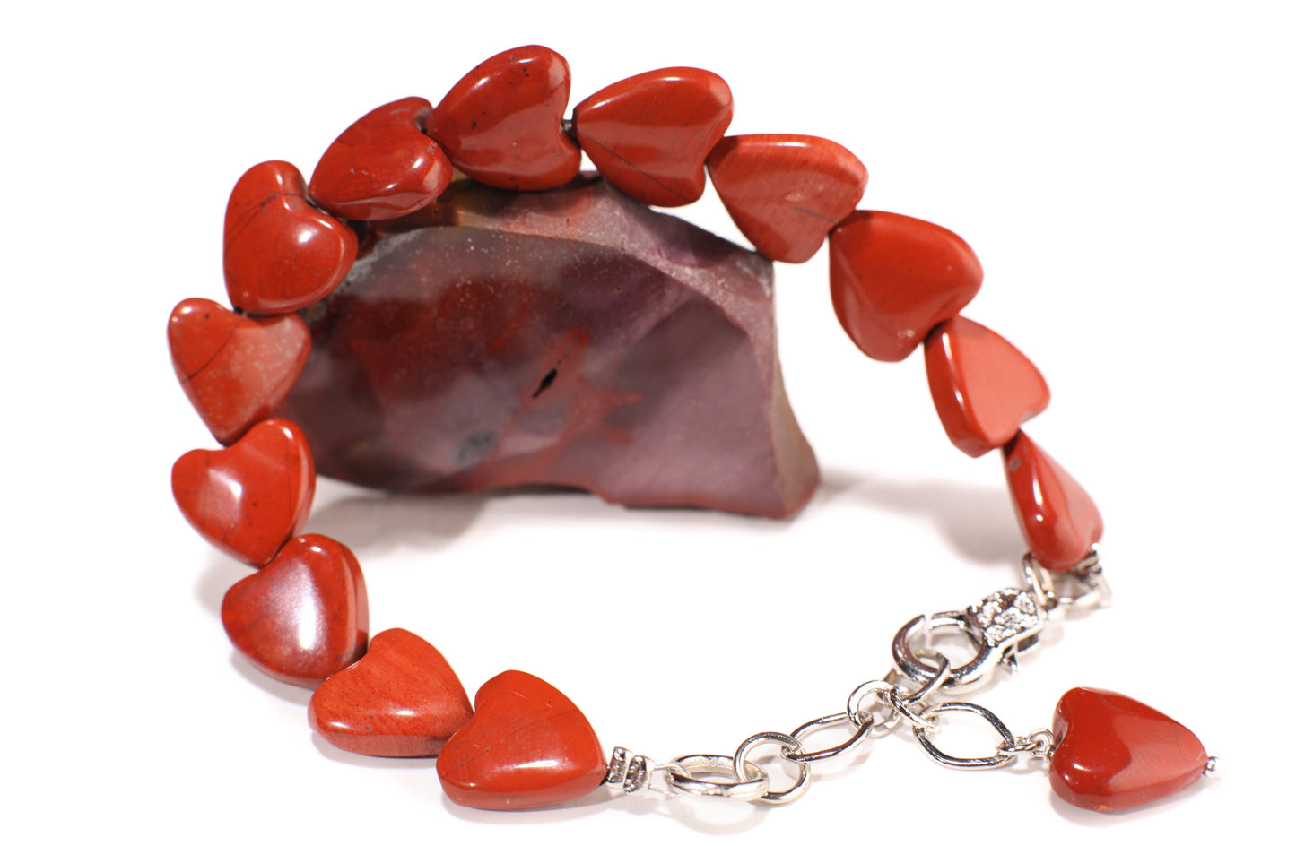 Natural Red Jasper 12mm Heart Bracelets with 1" Extension, Rhodium Silver, Red Jasper Healing Gemstone, Chakra Gift for her
