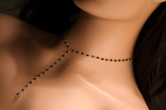 Genuine Black Spinel Micro Faceted 2mm Diamond Cut Choker with 3" Y Necklace, Gold Necklace, prom, Layering, Elegant Gift