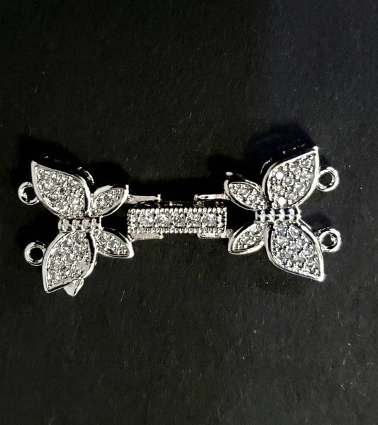 Cubic Zirconia CZ Micro Pave Diamond Style Sterling Silver Rhodium Butterfly Fancy Clasp 14x31mm long, High End Jewelry Making,Folding Clasp