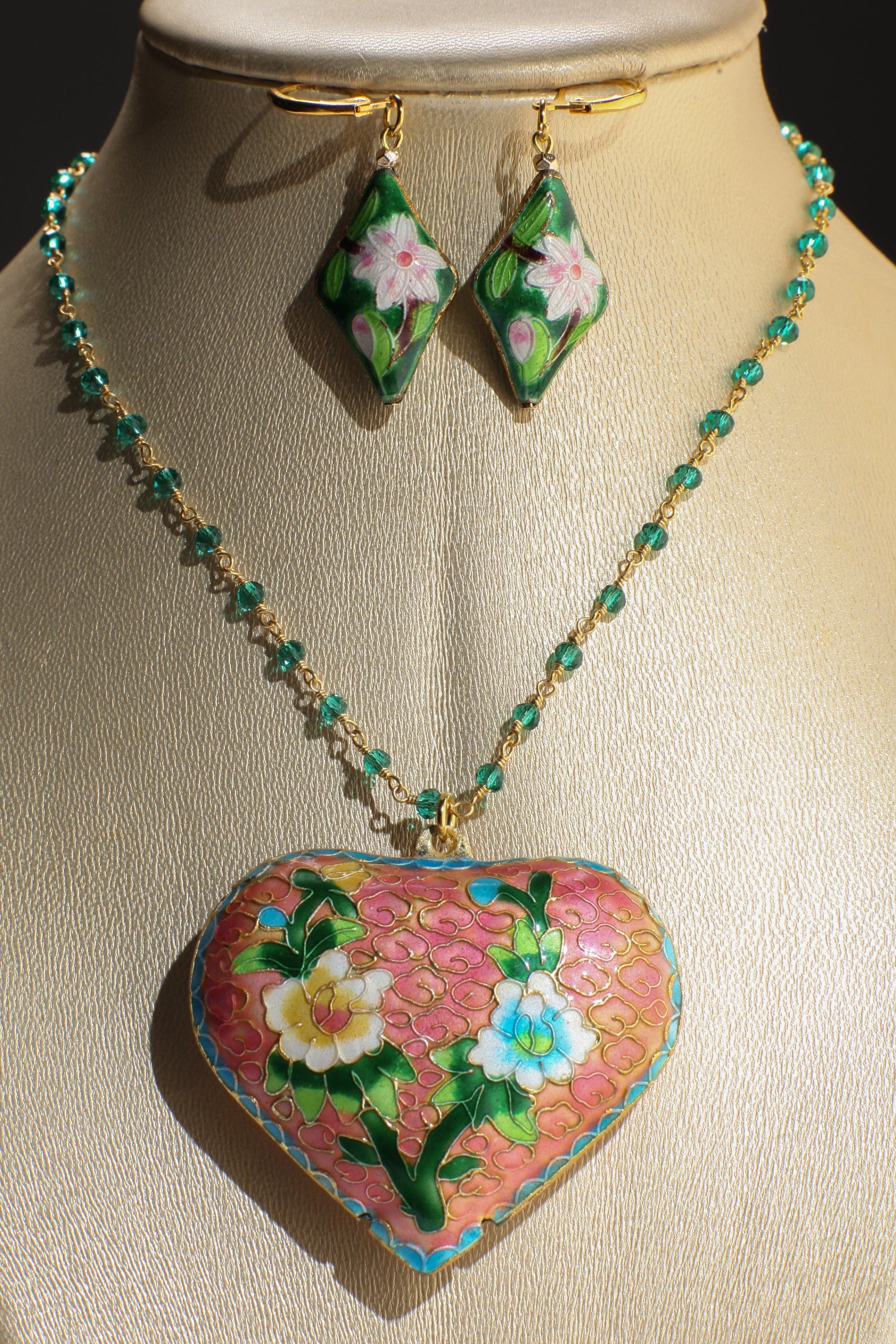 Traditional Cloisonné Pendant Vintage Floral Flowers Revisable Focal, Gold Plated Beaded Chain Necklace 20" matching Leverback Earrings set