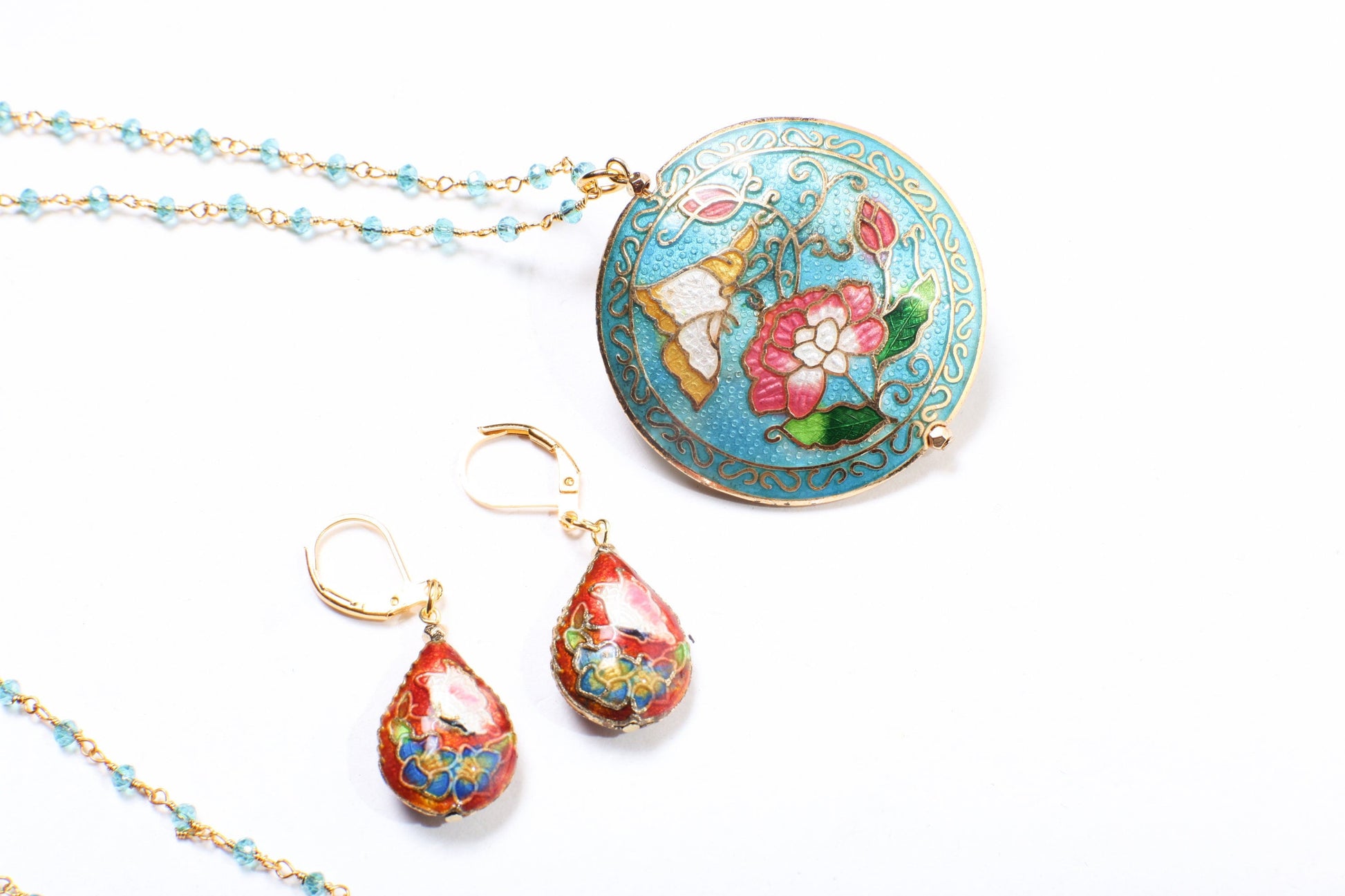 Traditional Cloisonné Pendant Vintage Floral Flowers Pink Revisable Focal with Beaded Chain Necklace 20" and matching Earrings set