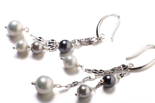 South Seashell Pearl Grey, Silver, Black, Tri color Dangling Rhodium Earrings, Bridal, Boho, Handmade Elegant Gift for Her