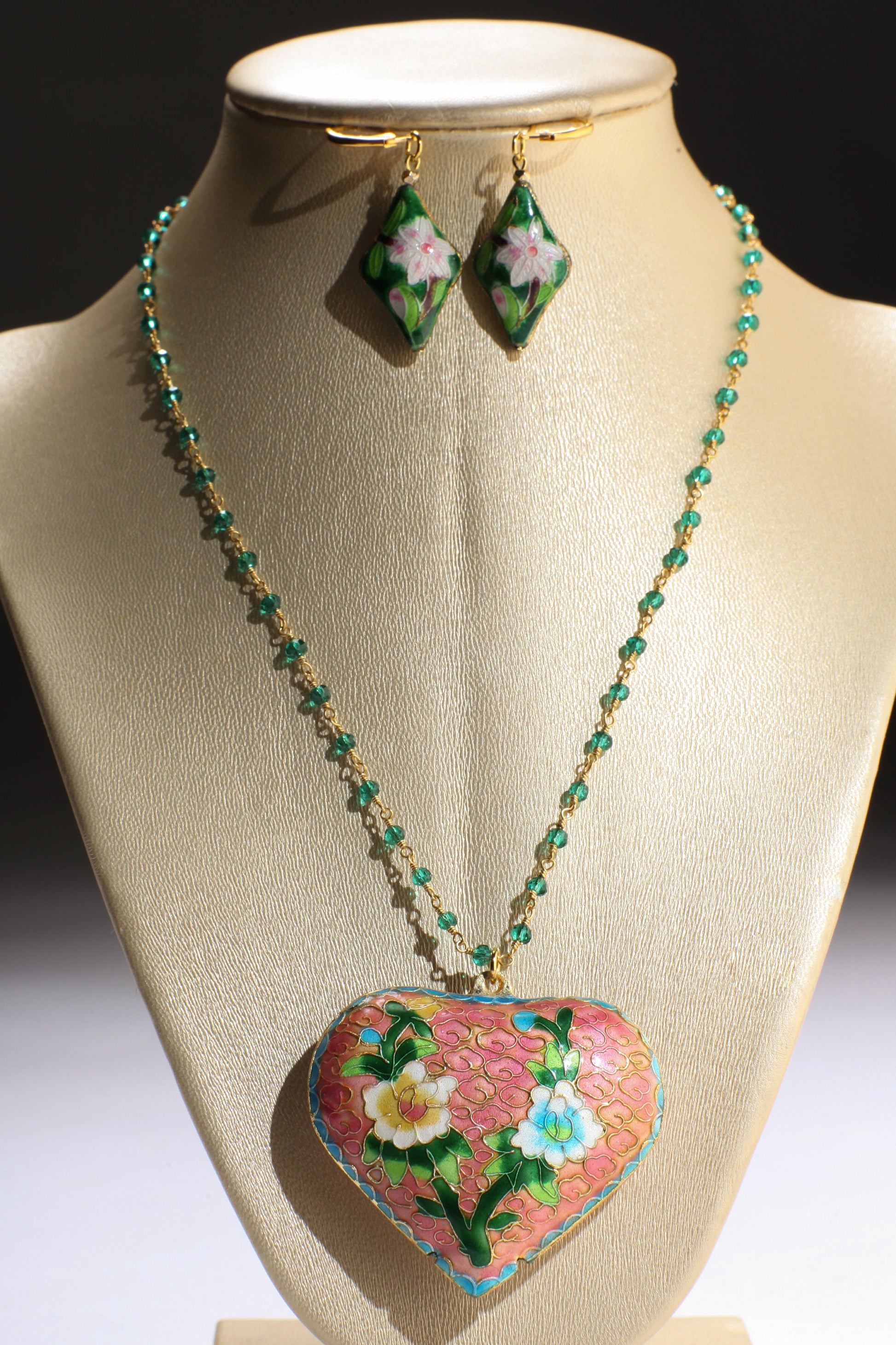 Traditional Cloisonné Pendant Vintage Floral Flowers Revisable Focal, Gold Plated Beaded Chain Necklace 20" matching Leverback Earrings set