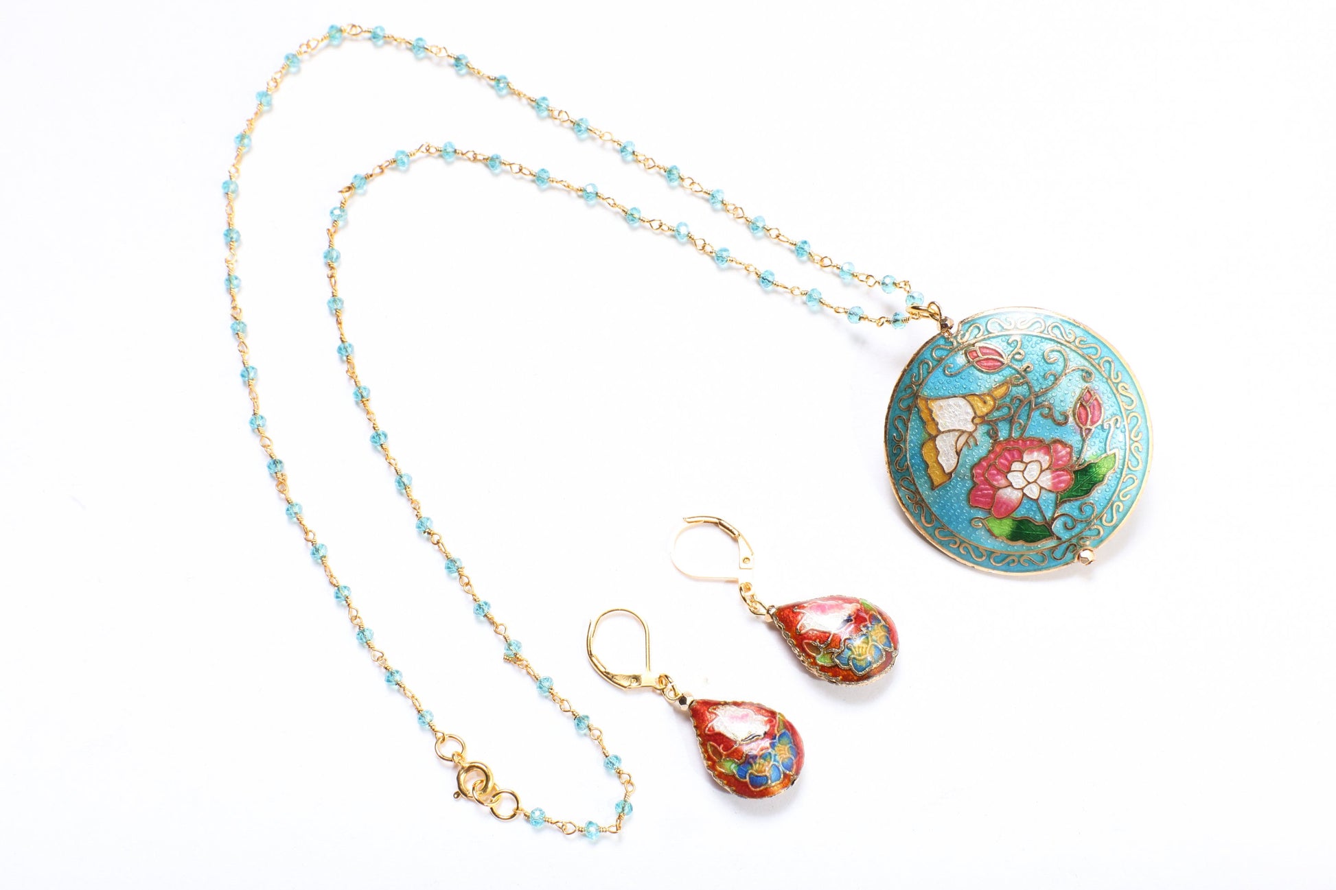 Traditional Cloisonné Pendant Vintage Floral Flowers Pink Revisable Focal with Beaded Chain Necklace 20" and matching Earrings set