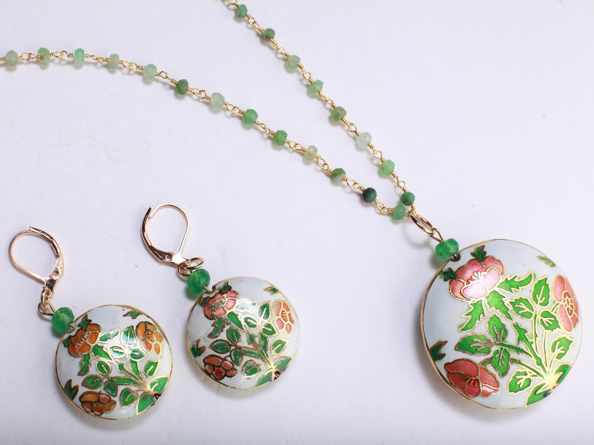 Traditional Cloisonné Pendant Vintage Floral Flowers Pink Focal with Natural Chrysoprase Beaded Chain Necklace 20" and matching Earrings set