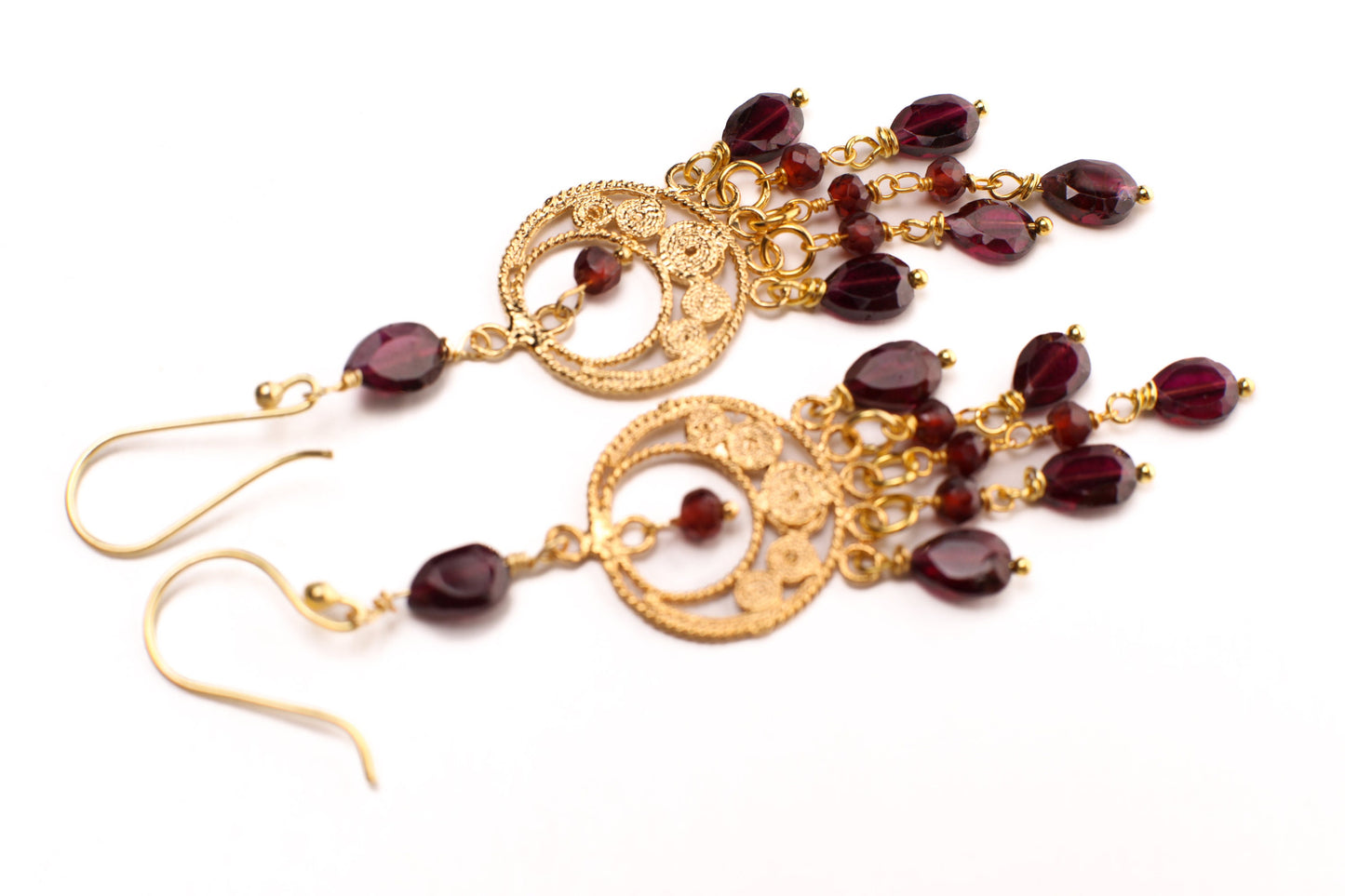 Genuine Garnet Dangling Wire Wrapped Oval Chandelier in 14K Gold Vermeil Ear wire, January Birthstone, Precious Gift for her