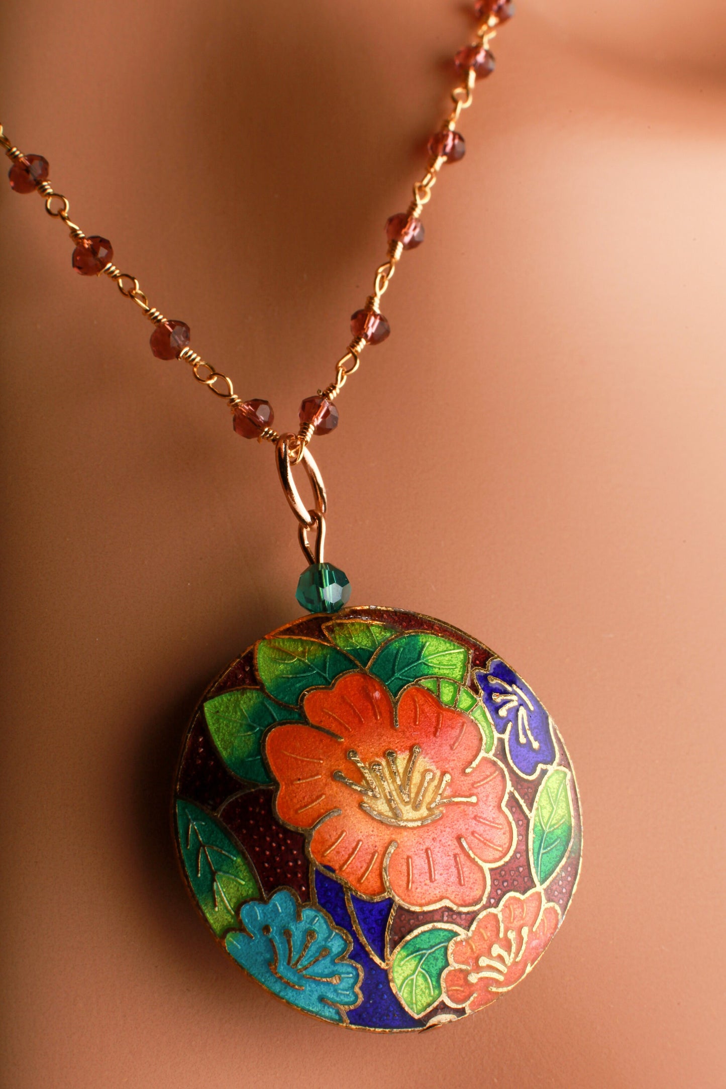 Traditional Cloisonné Pendant Vintage Floral Flowers Focal with Gold Plated Beaded Chain Necklace 20" and matching Leverback Earrings set