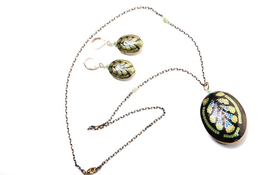 Traditional Cloisonné Pendant Vintage Floral Flowers Focal with Gold Plated Beaded Chain Necklace 23" and matching Leverback Earrings set