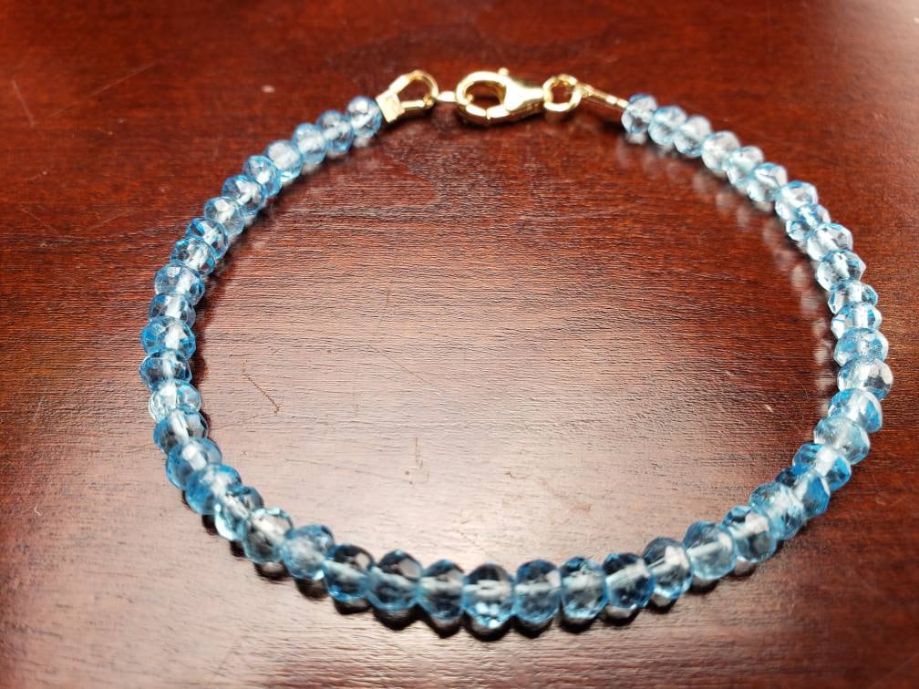 Blue Topaz 4mm Faceted Bracelet in 14k Gold Filled lobster Clasp and findings, Chakra,  December Birthstone