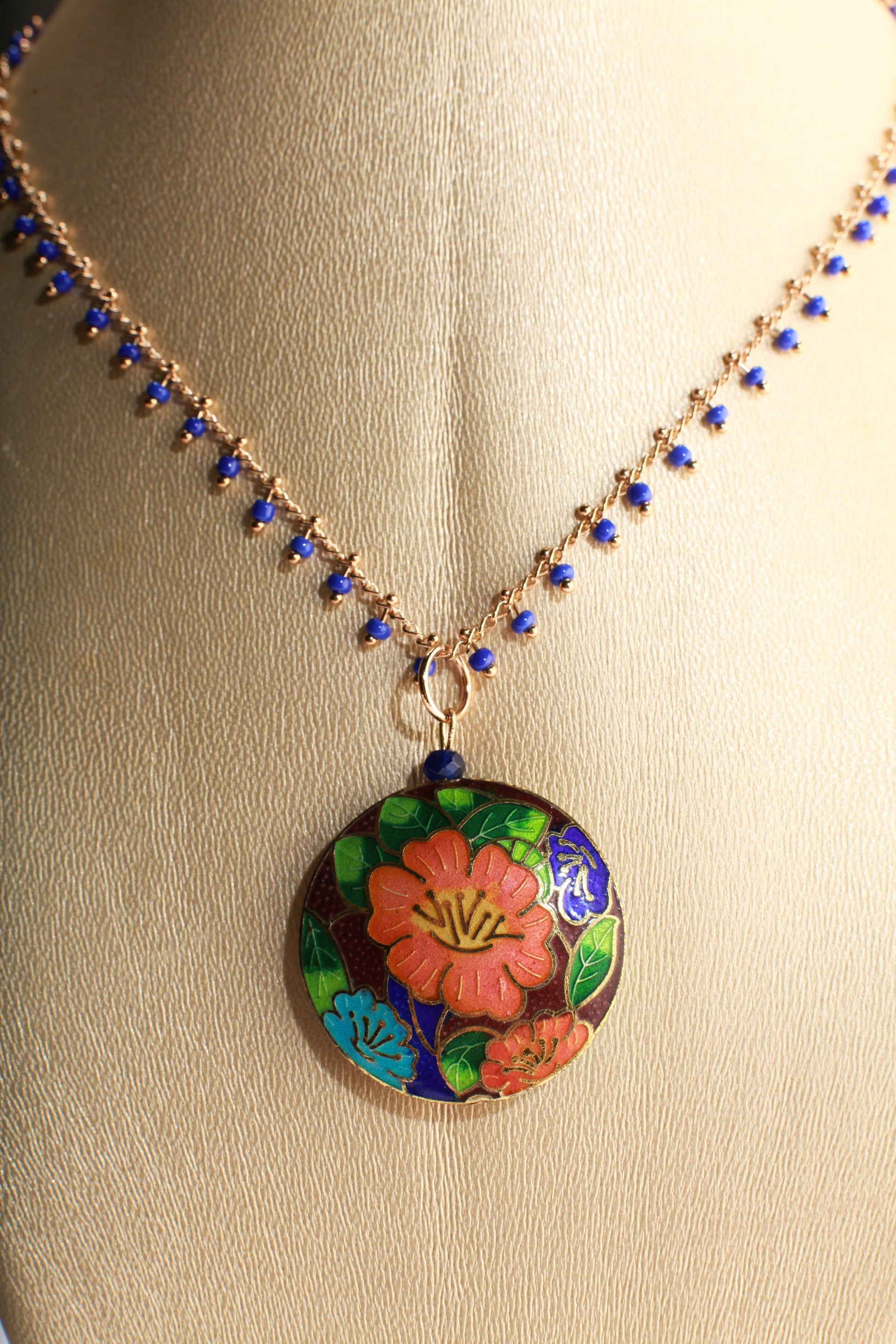 Traditional Cloisonné Pendant Double Sided Vintage Floral Flowers Pink Focal with Beaded Chain Necklace 20"