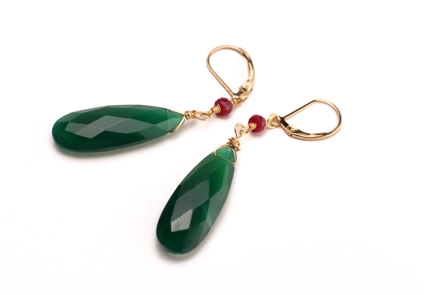 Genuine Green Onyx 10x30mm Wire Wrapped Briolette Teardrop with Ruby in 14K Gold Filled lever back Earring, Howl's Castle Earrings, Precious