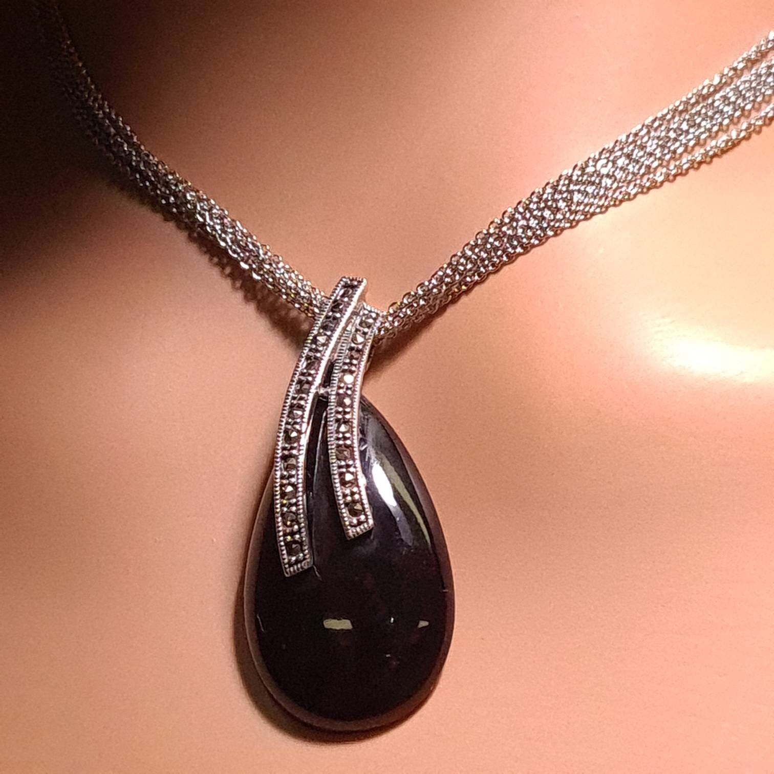 Marcasite 925 Sterling Silver Black Onyx Teardrop Pendant Necklace with 5 Line Rhodium Non Tarnish Sterling Chain 20x44mm Vintage, Antique