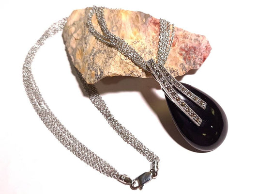 Marcasite 925 Sterling Silver Black Onyx Teardrop Pendant Necklace with 5 Line Rhodium Non Tarnish Sterling Chain 20x44mm Vintage, Antique