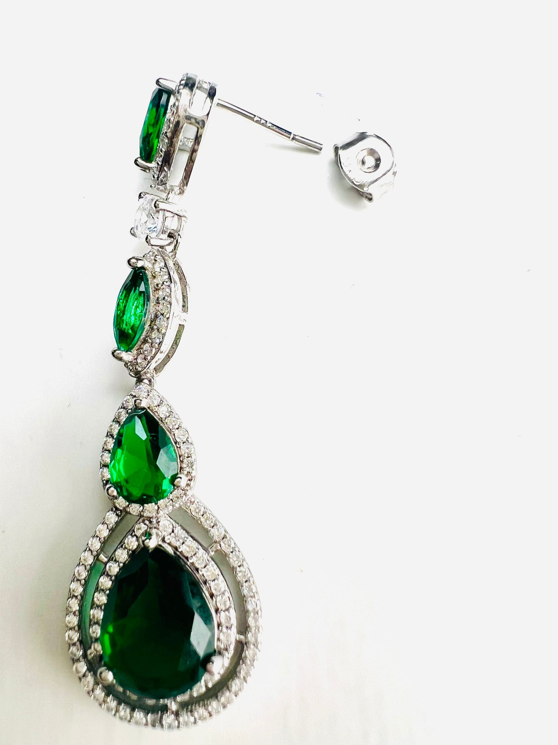 925 Sterling silver Green Emerald Long Drop CZ Diamond Pave earrings.Evening Wear,party Boho, Bridal, Fancy Earrings,925 stamped