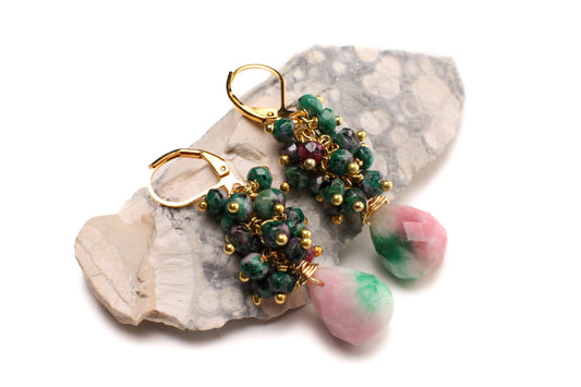 Natural Ruby Zoisite Wire Wrapped Clusters Tri Color Candy Jade Faceted Teardrop Briolette in Gold Plated or 14K Gold Filled Leverback