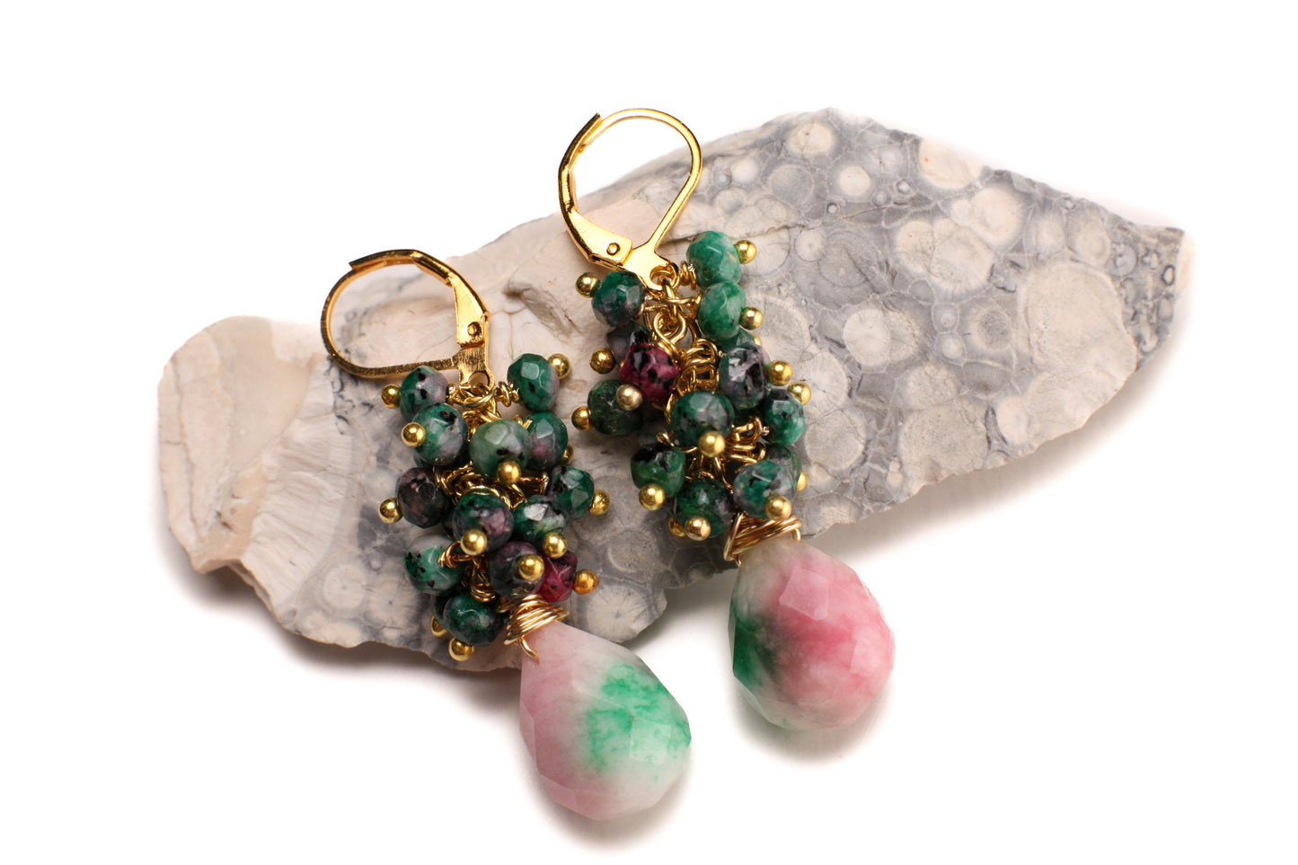 Natural Ruby Zoisite Wire Wrapped Clusters Tri Color Candy Jade Faceted Teardrop Briolette in Gold Plated or 14K Gold Filled Leverback