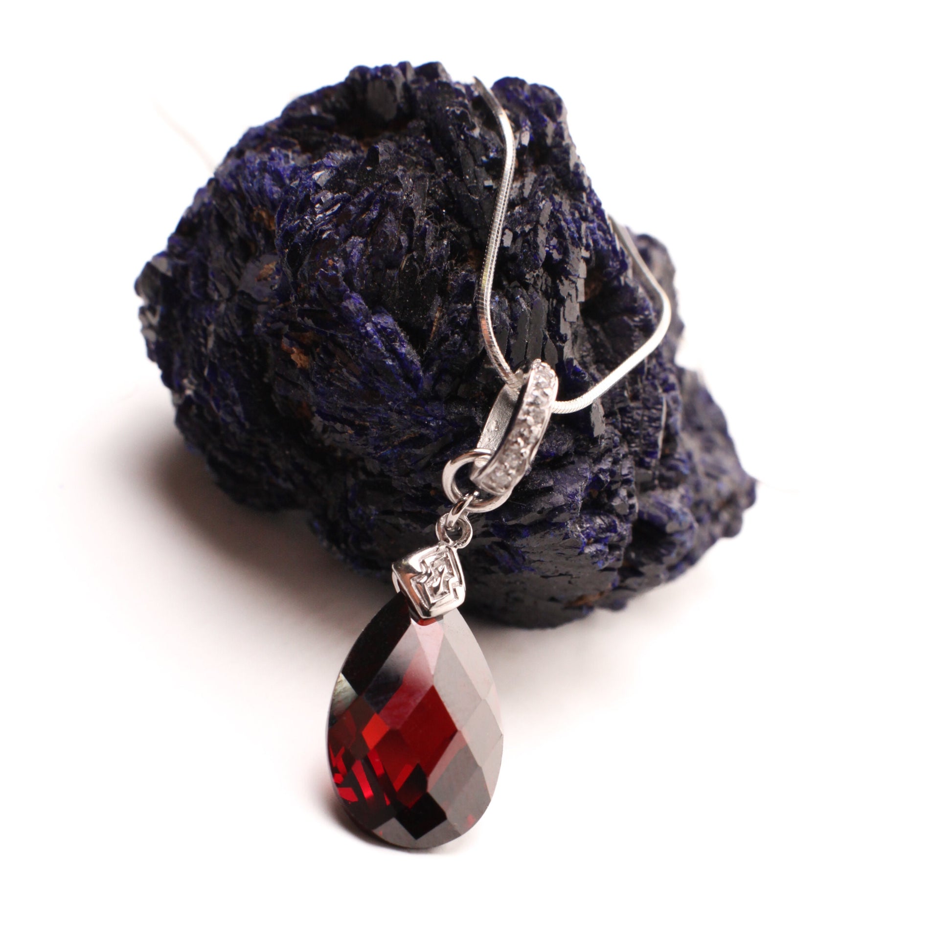 Genuine Garnet With CZ diamond setting 925 Sterling Silver 12x21mm drop  Charm with .925 Italian Sterling Silver chain 925 stamped