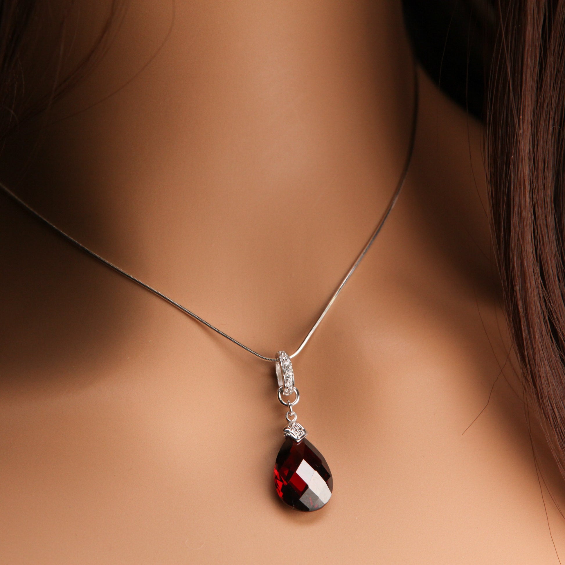 Genuine Garnet With CZ diamond setting 925 Sterling Silver 12x21mm drop  Charm with .925 Italian Sterling Silver chain 925 stamped