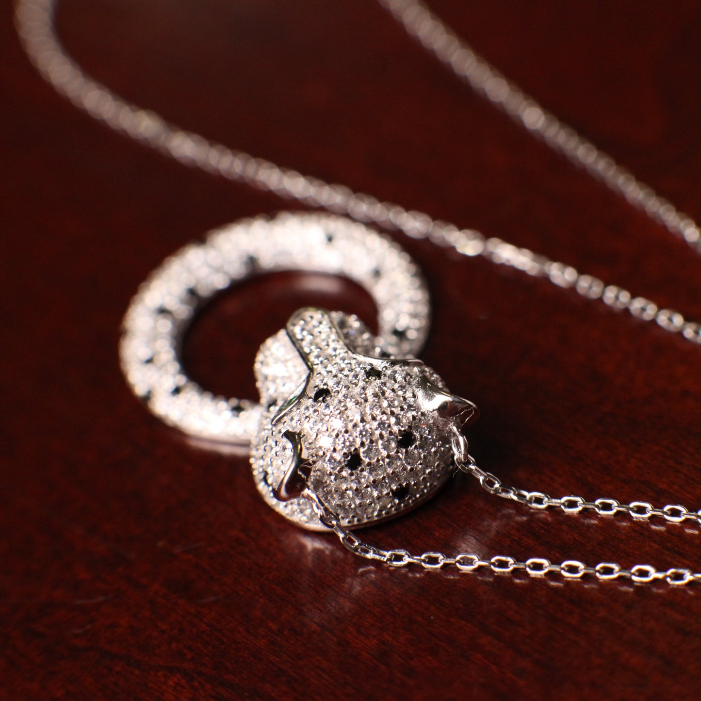 Cubic Zirconia Diamond 925 Sterling Silver Panther Jaguar with Ring Pendant Necklace. 16” plus 2” extension, 925 stamped