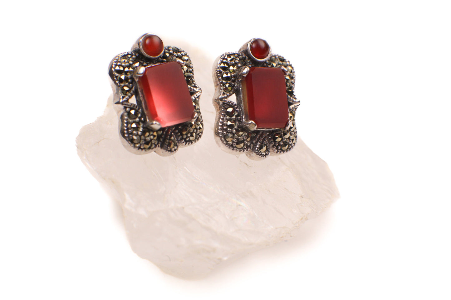 Marcasite 925 Sterling Silver Earrings Post with Dangle Red Carnelian Agate Rectangle Shape 14x18mm Vintage, Antique Marcasite Earrings