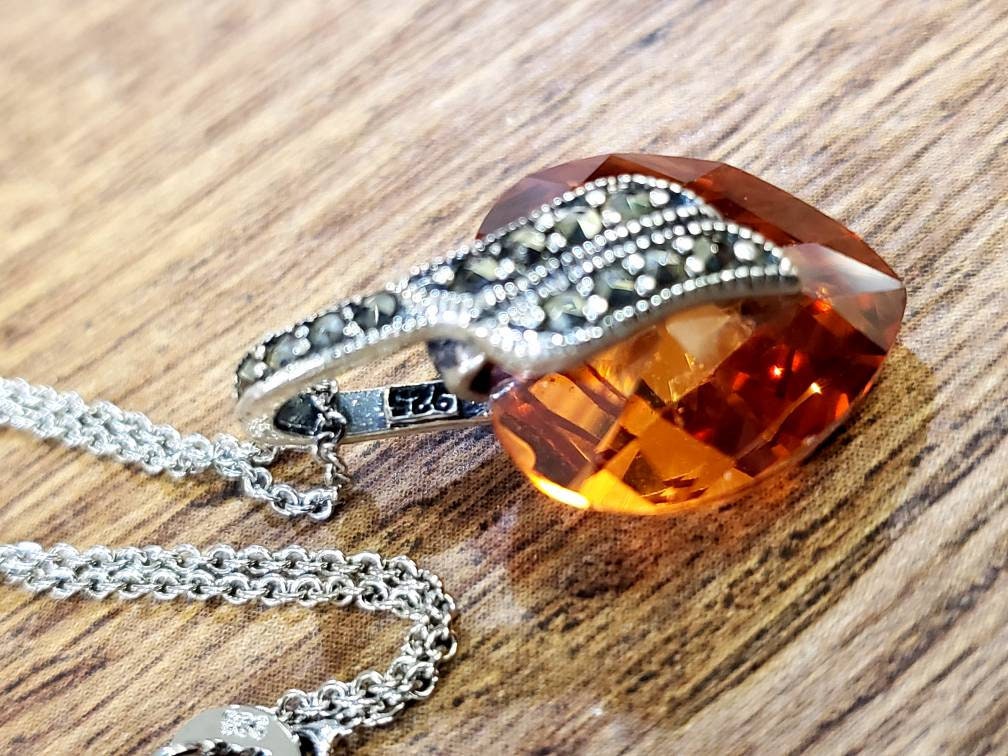 Brandy Topaz 15mm Heart Shape Pendant Marcasite 925 Sterling Silver Earrings, whisky color Topaz Evening Wear, Boho,  Bridal, Fancy Earrings