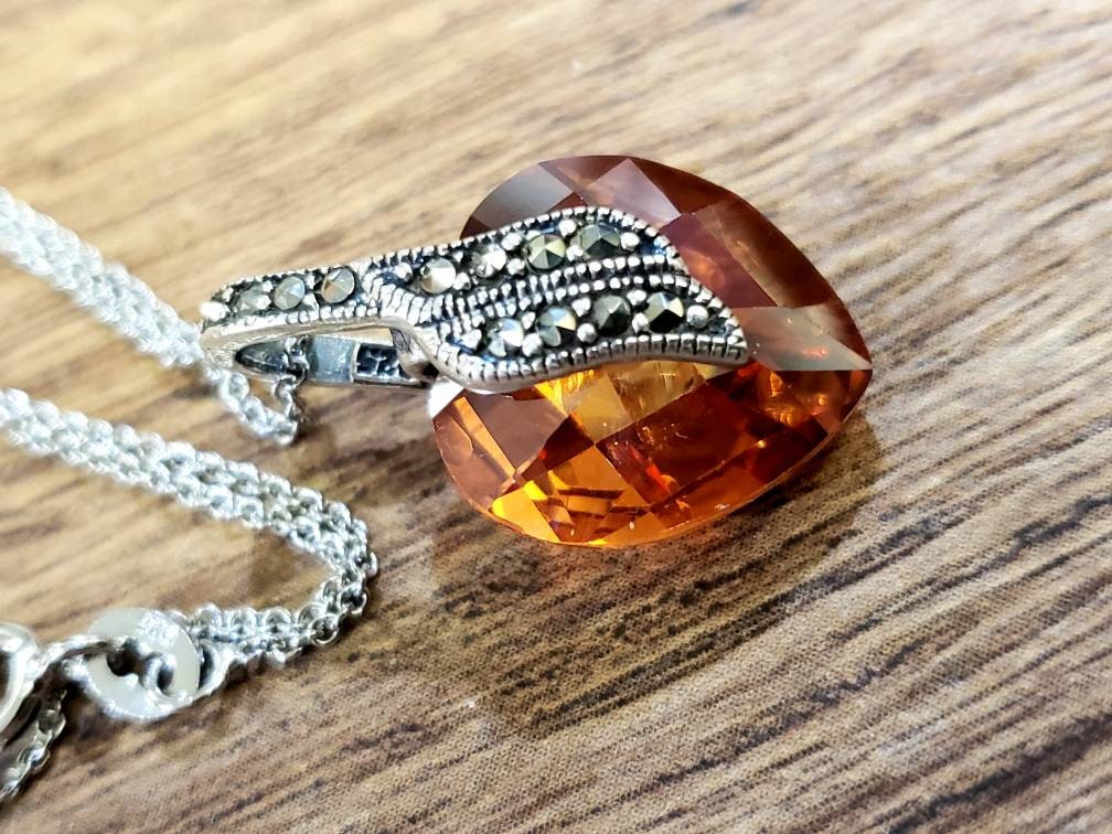 Brandy Topaz 15mm Heart Shape Pendant Marcasite 925 Sterling Silver Earrings, whisky color Topaz Evening Wear, Boho,  Bridal, Fancy Earrings