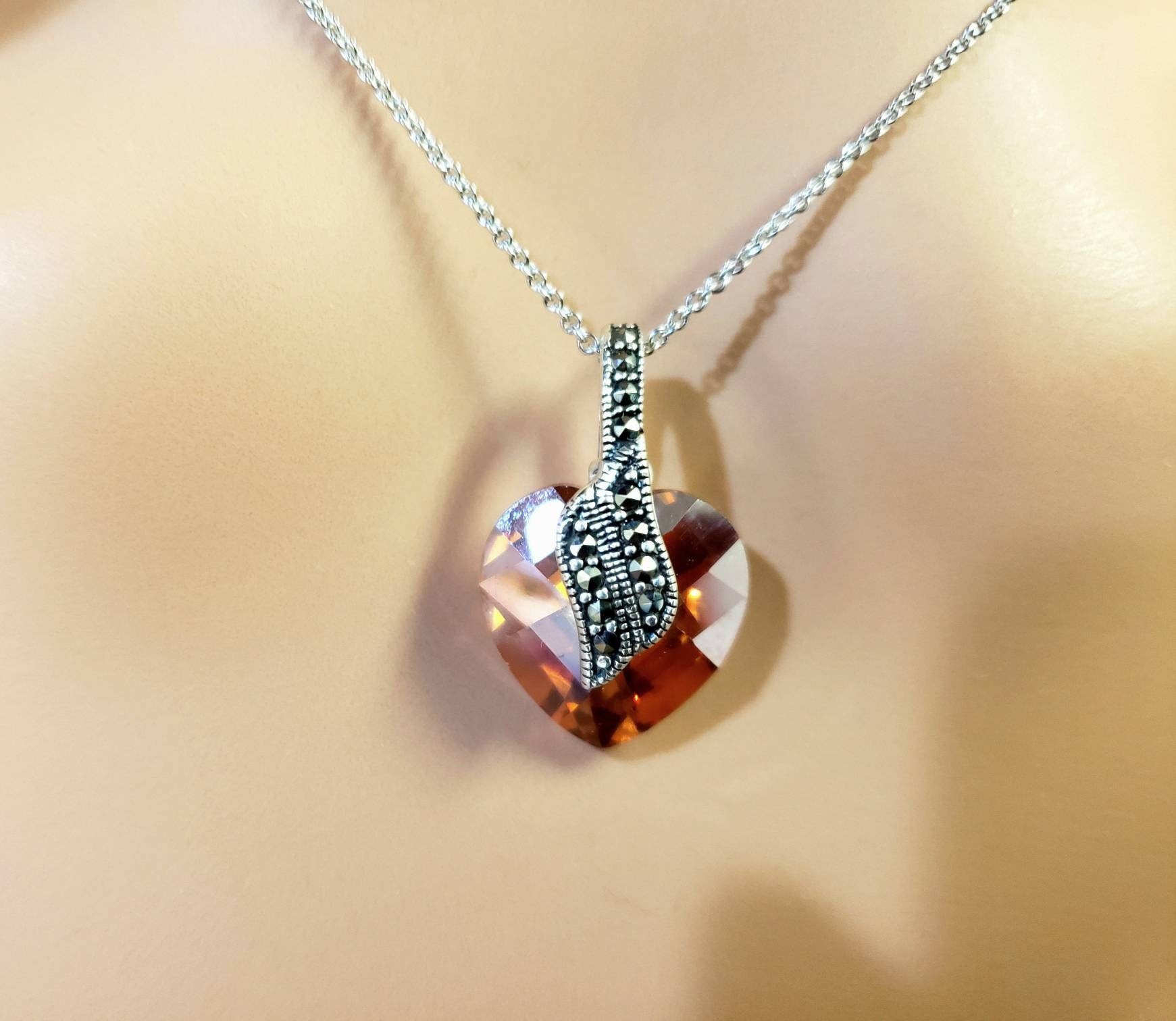 Brandy Topaz 15mm Heart Shape Pendant Marcasite 925 Sterling Silver Earrings, whisky color Topaz Evening Wear, Boho,  Bridal, Fancy Earrings