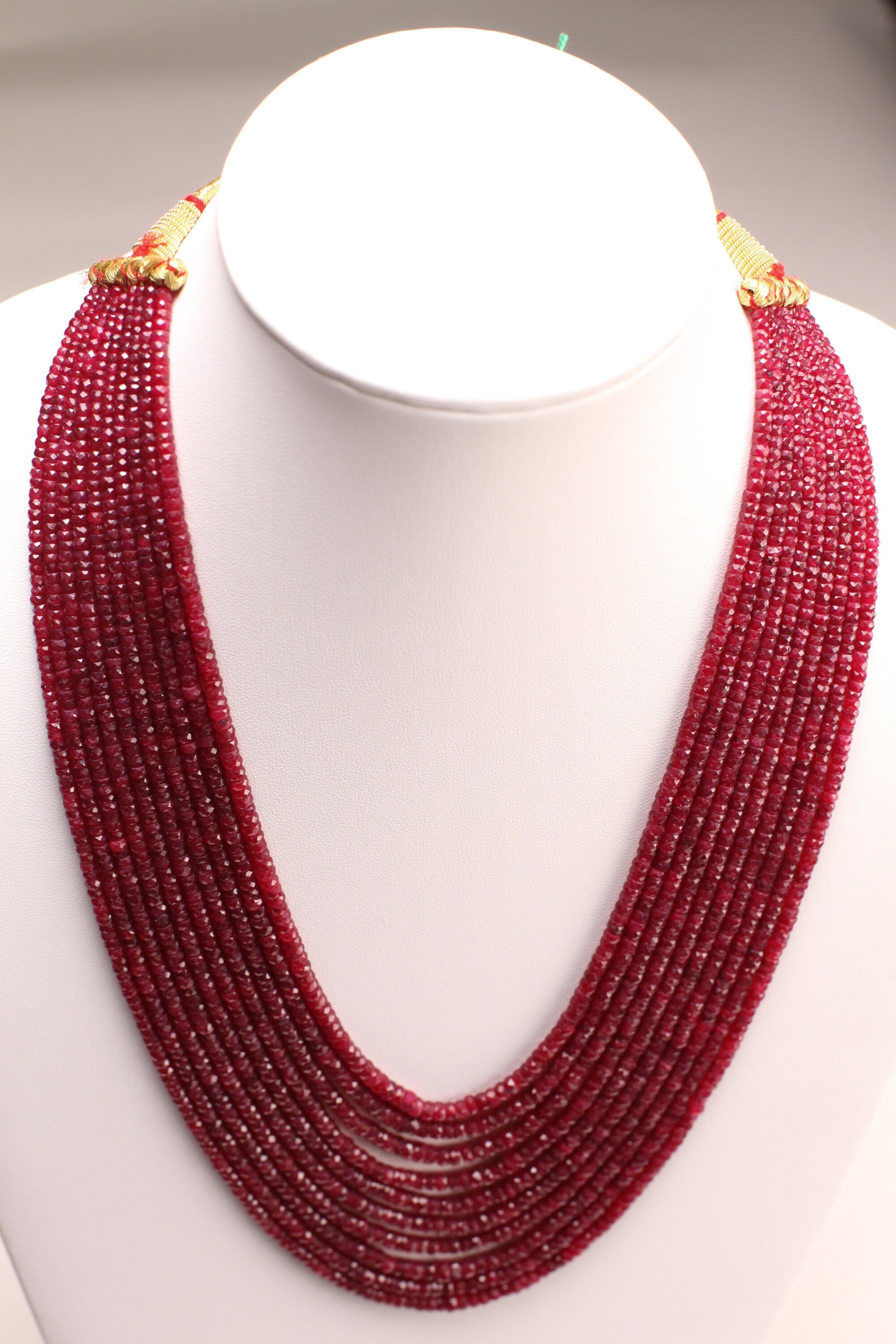 AAA Natural Ruby Gemstones 3-4mm Multi Strand, 10 Line Layer Necklace Adjustable thread to 24" Long, Precious Gift for her.