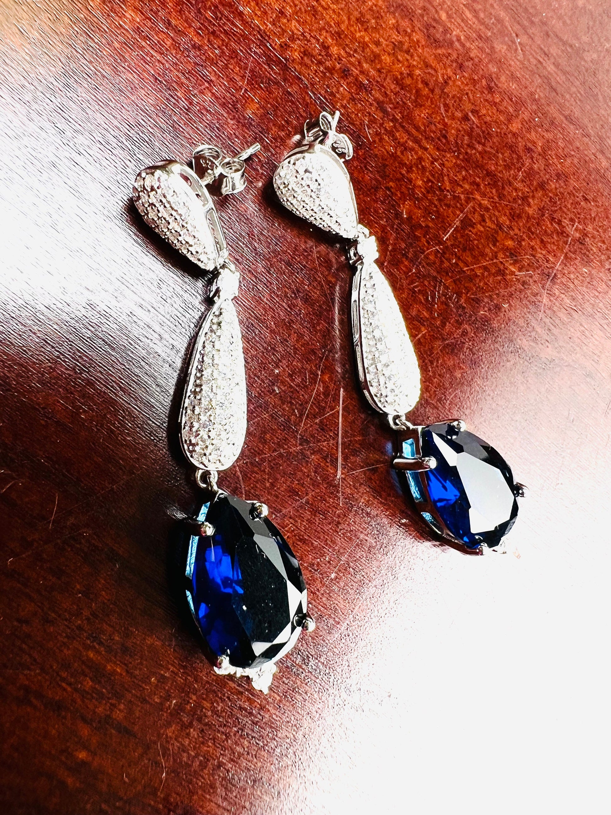 Genuine sapphire 10x14 Teardrop, 925 Sterling Silver High Quality Cubic Zirconia Setting Dangling Post Earring,925 stamped