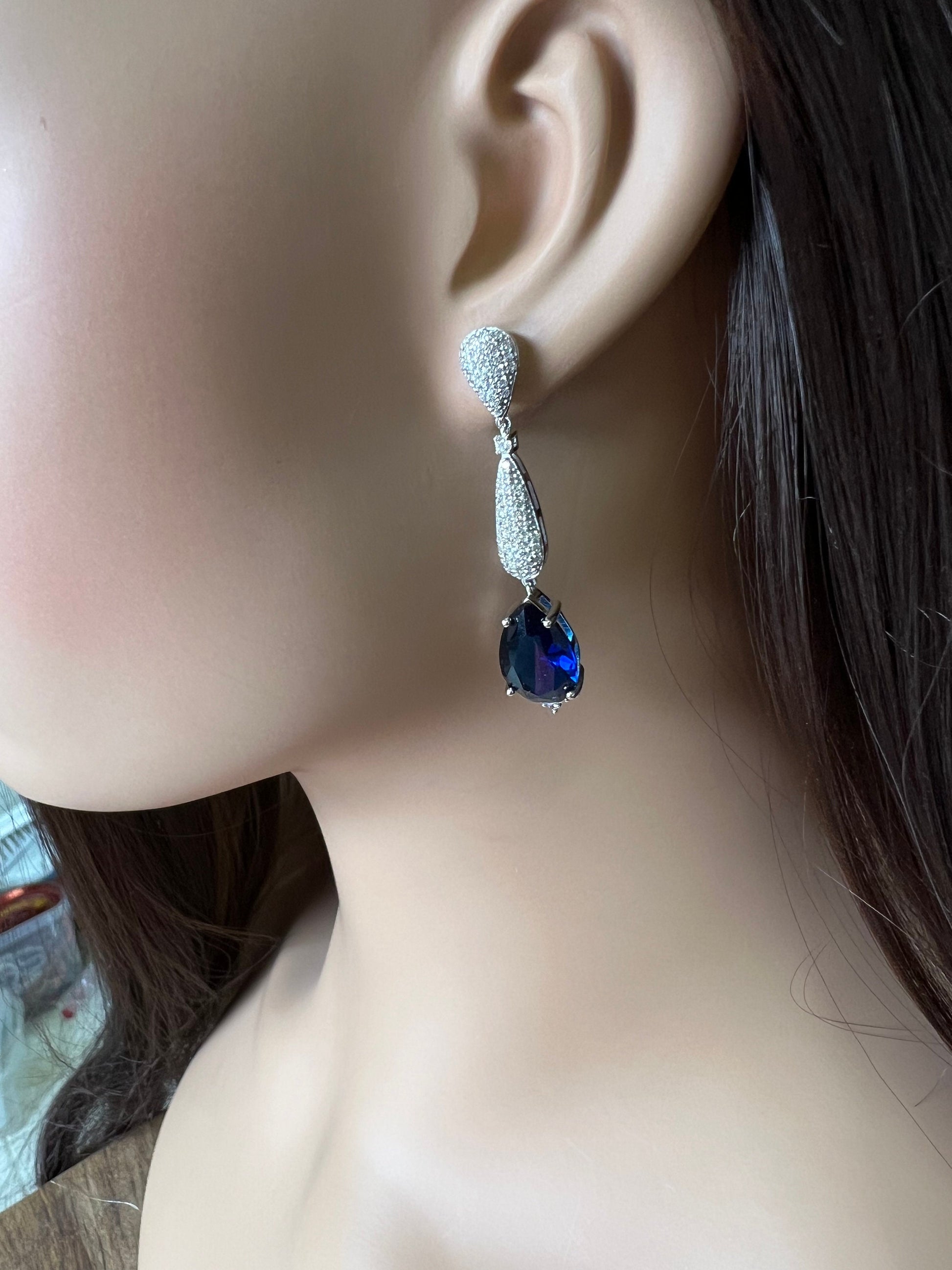 Genuine sapphire 10x14 Teardrop, 925 Sterling Silver High Quality Cubic Zirconia Setting Dangling Post Earring,925 stamped