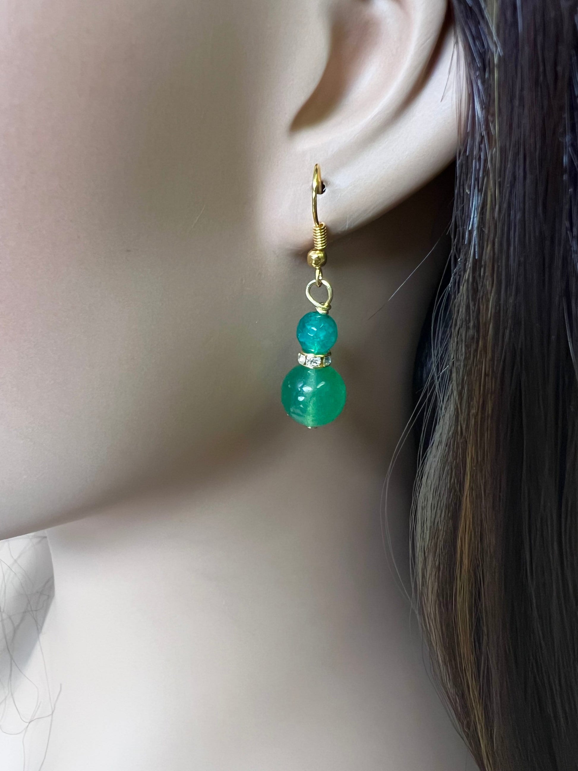 Green Aventurine 10mm smooth round rhinestone roundel and 6mm green jade spacer top gold wire wrapped handmade earrings, healing crystal