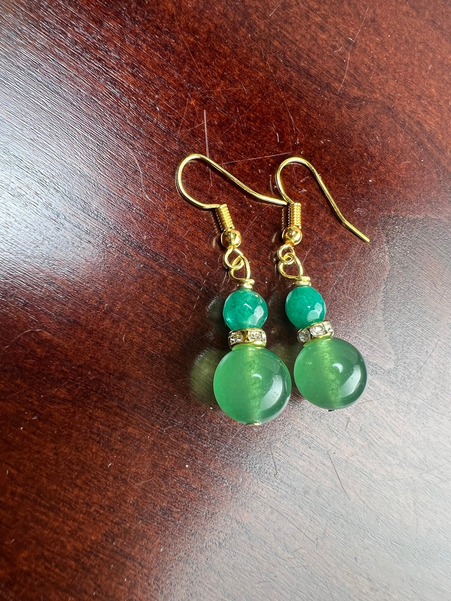 Green Aventurine 10mm smooth round rhinestone roundel and 6mm green jade spacer top gold wire wrapped handmade earrings, healing crystal